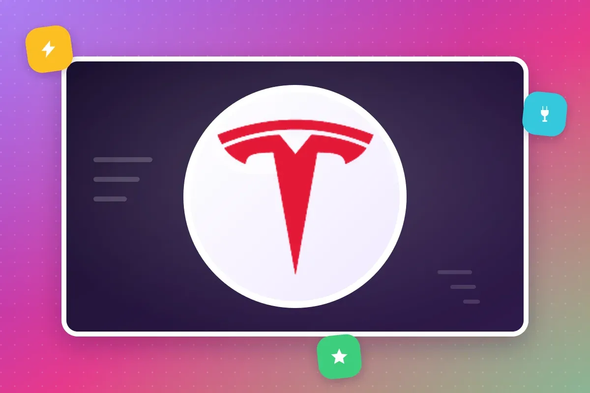 The Tesla logo as a glossy sticker on a dark card
